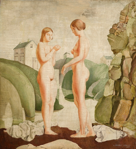 Geoffrey-Clement-Cowles: Two-nudes-standing-by-a-river,-circa-1920