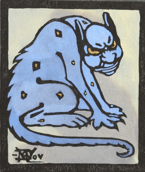 Artist Marion Wallace Dunlop: A Glaring Demon, (blue and yellow) from Devils in Diverse Shapes, circa 1906